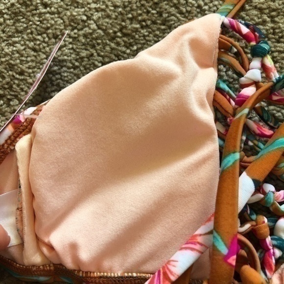 NEW NWT XHILARATION Macrame Strappy High Neck Bikini Top Mustard Gold Floral XS - Picture 8 of 9